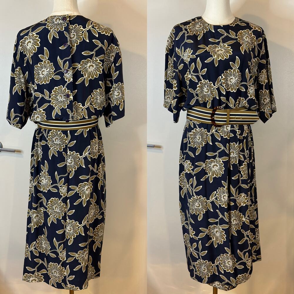 Vintage 90s Liz Claiborne 100% Silk Dress Size 12 Blue Floral Print Belt Modest - Picture 10 of 10